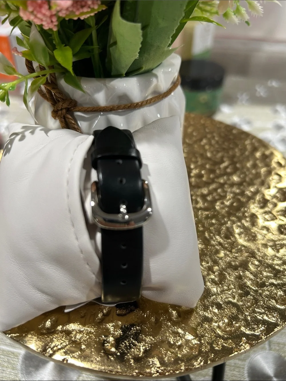 633. NWOT Nicole Miller Black & Crystal Watch‎ with genuine black leather band.